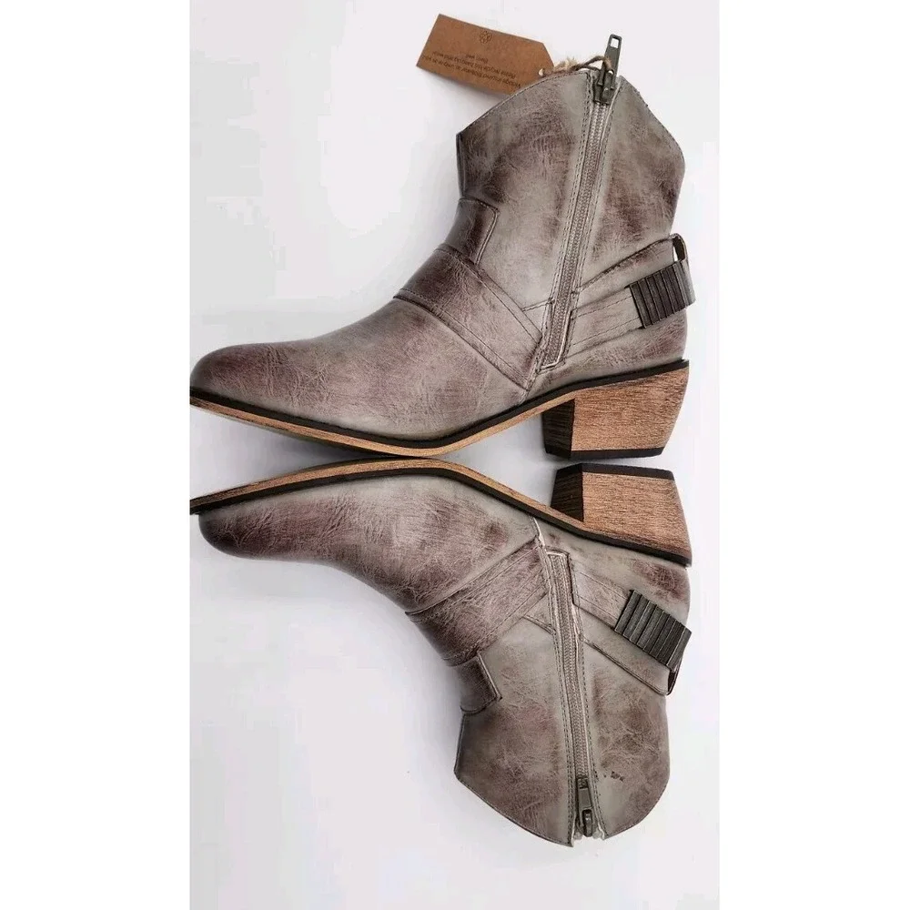 Vintage 93 Bentley B Ankle‎ Boots Buckle Jeans 7M Womens Taupe Side Zip NWT